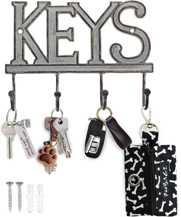 Key Holder for Wall - Decorative Farmhouse Rustic Wall Mount Key Organizer with 4 Hooks - Vintage Cast Iron Key Rack with Screws and Anchors – 6x8 - White – front view – Comfify