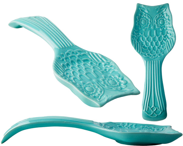 Aqua Blue Owl Spoon Rest – Modern Farmhouse Ceramic Utensil Holder for Kitchen or Stove | Chip-Free & Dishwasher Safe