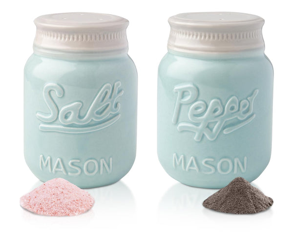 Vintage Mason Jar Salt & Pepper Shakers – Aqua Blue Ceramic Set by Comfify | Rustic, Shabby Chic Kitchen Decor