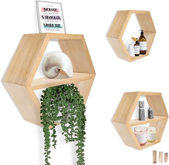 Rustic Wall Mounted Hexagonal Floating Shelves – Set of 3