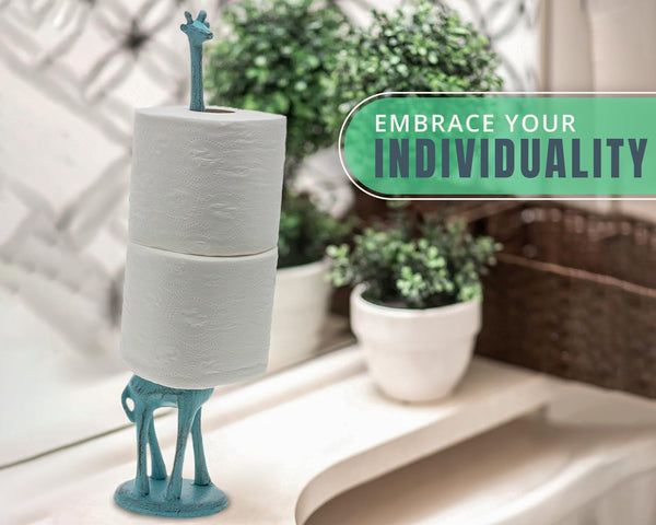 Giraffe Paper Towel Holder for Kitchen or Decorative Toilet Paper Stand for Bathroom - Unique Antique, Vintage, Whimsical Animal Design Roll Dispenser for Home Decor - Rustic Blue – back view – Comfify