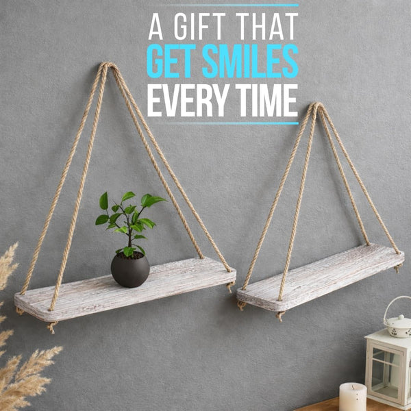 Hanging Shelves for Wall - Set of 2 – Rustic Farmhouse Boho Shelves with String – lifestyle in living room – Comfify