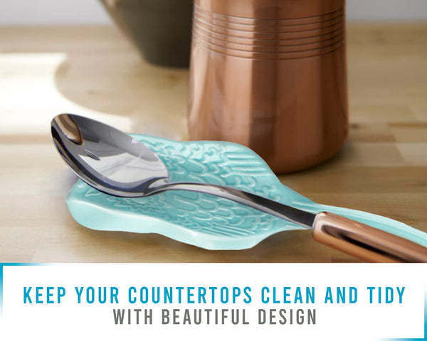 Aqua Blue Owl Spoon Rest – Modern Farmhouse Ceramic Utensil Holder for Kitchen or Stove | Chip-Free & Dishwasher Safe