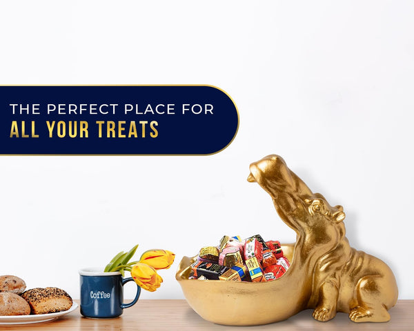 Funky Hippo Resin Bowl – Decorative Golden Hippopotamus Figurine for Snacks, Keys & Trinkets – Playful Modern Home Accent