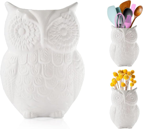 Owl Utensil Holder Decorative Ceramic Cookware Crock & Organizer, in Lovely White Color - Utensil Shaped Caddy and Perfect Kitchen Ceramic Decor Gift for Countertop - 5” x 7” x 4” Size – front view – Comfify