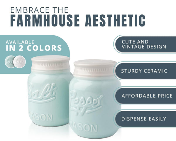 Vintage Mason Jar Salt & Pepper Shakers – Aqua Blue Ceramic Set by Comfify | Rustic, Shabby Chic Kitchen Decor