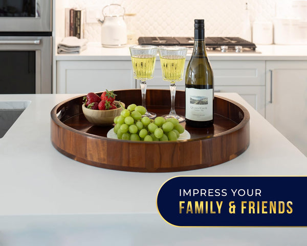 Comfify 22" Dark Brown Acacia Wood Round Serving Tray – Modern Multi-Purpose Tray for Food, Patio, and Home Organization