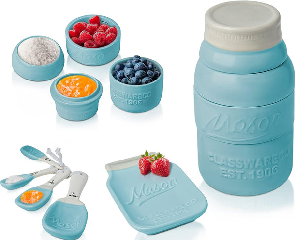 Mason Jar Kitchenware Set – Aqua Blue Ceramic Decor with 4 Measuring Cups, 4 Measuring Spoons, and Spoon Rest – front view – Comfify