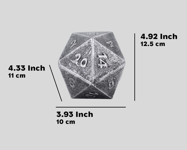 Frosted Iron Cast D20 Dice – Heavy Metal 20-Sided Die for DND & RPG | Weathered Silver Finish | Gift-Ready Display, Paperweight, Collector’s Piece