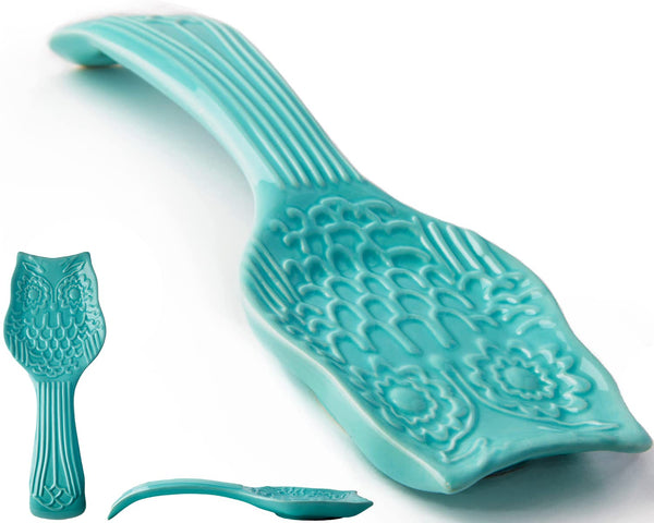 Aqua Blue Owl Spoon Rest – Modern Farmhouse Ceramic Utensil Holder for Kitchen or Stove | Chip-Free & Dishwasher Safe