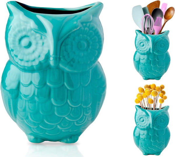 Owl Utensil Holder Decorative Ceramic Cookware Crock & Organizer, in Lovely Aqua Blue Color - Utensil Shaped Caddy and Perfect Kitchen Ceramic Decor Gift for Countertop - 5” x 7” x 4” Size – front view – Comfify