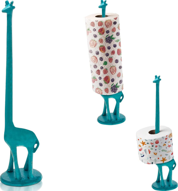 Giraffe Paper Towel Holder for Kitchen or Decorative Toilet Paper Stand for Bathroom - Unique Antique, Vintage, Whimsical Animal Design Roll Dispenser for Home Decor - Rustic Blue – front view – Comfify