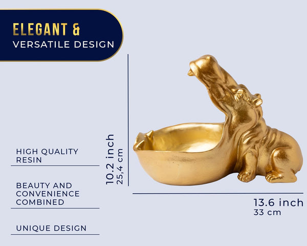 Funky Hippo Resin Bowl – Decorative Golden Hippopotamus Figurine for Snacks, Keys & Trinkets – Playful Modern Home Accent