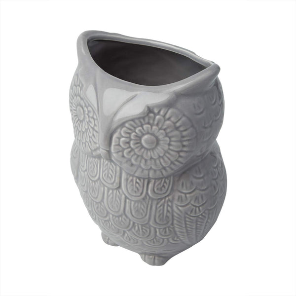 Owl Utensil Holder Decorative Ceramic Cookware Crock & Organizer, in Lovely Grey Color - Utensil Caddy and Perfect Kitchen Ceramic Decor Gift - 5" L x 7" H x 4" W – alternate angle – Comfify