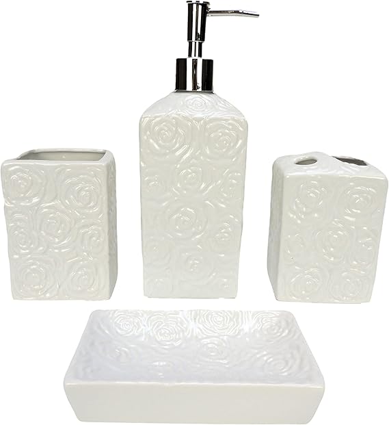 Designer 4-Piece Bathroom Accessory Set - Rose texture design