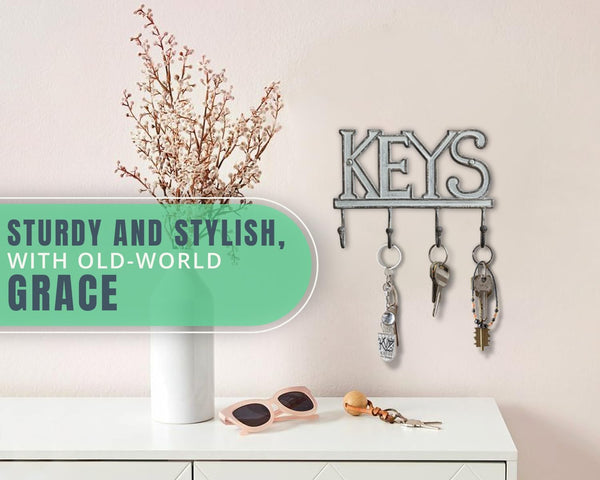 Key Holder for Wall - Decorative Farmhouse Rustic Wall Mount Key Organizer with 4 Hooks - Vintage Cast Iron Key Rack with Screws and Anchors – 6x8 - White – detail close-up – Comfify