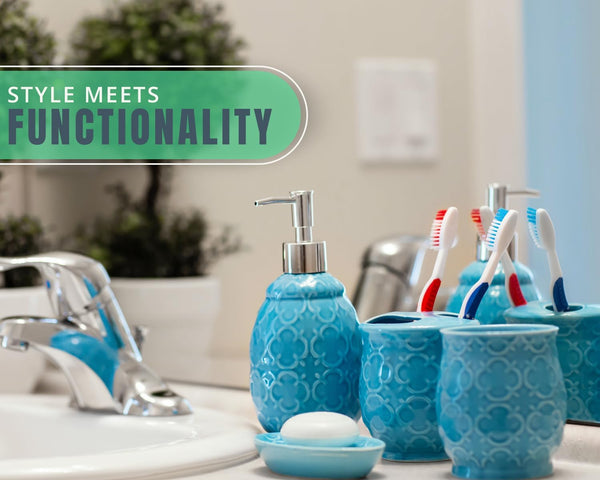 4-Piece Bathroom Accessory Set - Ceramic Bath Set with Blue Glossy Finish - Modern Vanity Accessories Including Soap Dish, Tumbler, and Toothbrush Holder – lifestyle in bathroom – Comfify