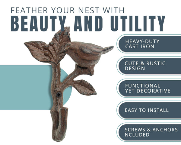 Rustic Bird on a Branch Wall Hook – Heavy Duty Metal Hanger, Vintage Recycled Design, Decorative & Functional (Rust Brown) – detail close-up – Comfify