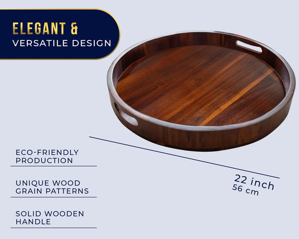 Comfify 22" Dark Brown Acacia Wood Round Serving Tray – Modern Multi-Purpose Tray for Food, Patio, and Home Organization