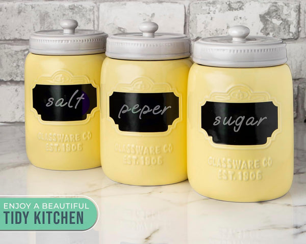 Mason Jar Ceramic Canister Set for Kitchen - Set of 3 Decorative Storage Containers with Air-Tight Lids for Coffee, Sugar - Country Style Storage w/Reusable Writable Surface - 12.85oz/Canister – side angle – Comfify