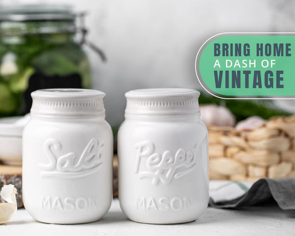 White Ceramic Mason Jar Salt & Pepper Shakers – Vintage Rustic Shabby Chic Decor by Comfify