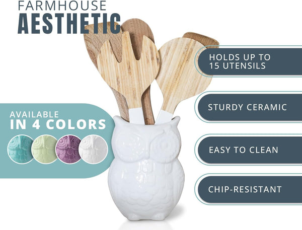 Owl Utensil Holder Decorative Ceramic Cookware Crock & Organizer, in Lovely White Color - Utensil Shaped Caddy and Perfect Kitchen Ceramic Decor Gift for Countertop - 5” x 7” x 4” Size – alternate angle – Comfify