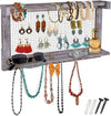 Rustic Wall Mounted Jewelry Organizer – Vintage Jewelry Holder with Shelf, Removable Bracelet Rod & 16 Hooks for Earrings, Necklaces & Bracelets