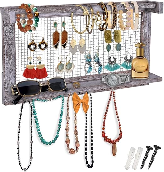 Rustic Wall Mounted Jewelry Organizer – Vintage Jewelry Holder with Shelf, Removable Bracelet Rod & 16 Hooks for Earrings, Necklaces & Bracelets