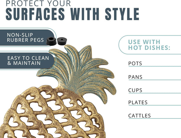 Cast Iron Pineapple Trivet in Rustic Finish w/ Rubber Pegs