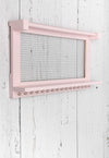 Rustic Wall-Mounted Jewelry Organizer – Pink Wooden Holder with Shelf, Bracelet Rod & 16 Hooks for Earrings & Necklaces