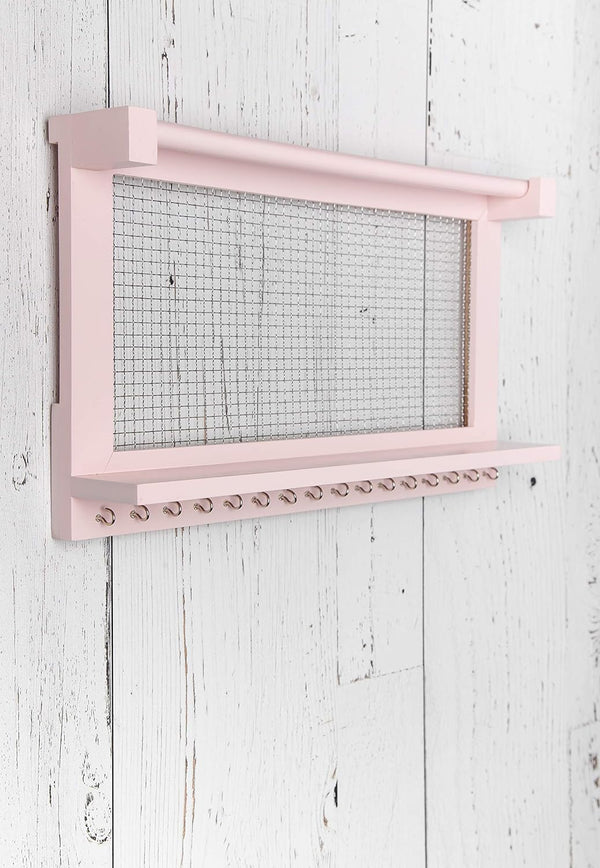 Rustic Wall-Mounted Jewelry Organizer – Pink Wooden Holder with Shelf, Bracelet Rod & 16 Hooks for Earrings & Necklaces
