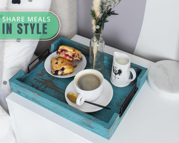 Rustic Blue Wooden Serving Trays with Handles – Set of 2 Nesting Trays (Large & Small) for Breakfast, Coffee Table, Butler & More