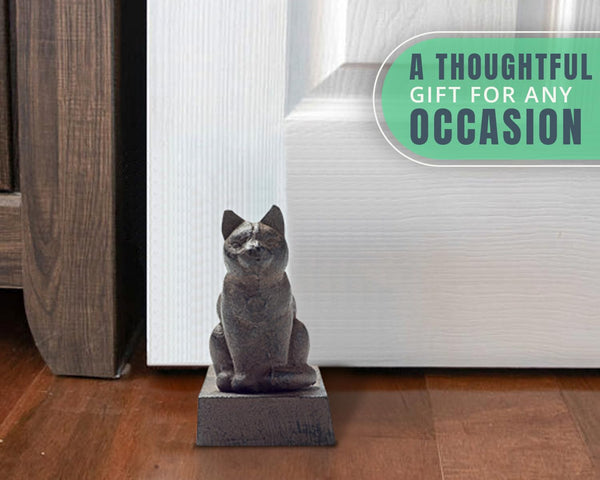 Vintage Cast Iron Cat Door Stop Wedge – Decorative Rust Brown Finish – packaging view – Comfify