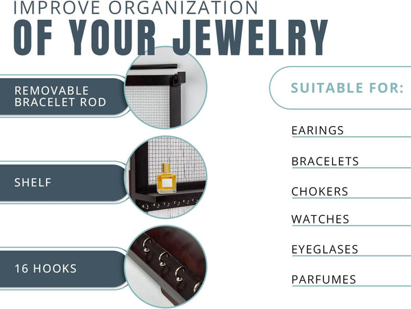 Rustic Wall Mounted Jewelry Organizer – Vintage Jewelry Holder with Shelf, Removable Bracelet Rod & 16 Hooks for Earrings, Necklaces & Bracelets