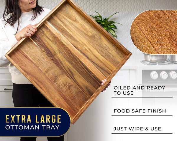 Extra Large 22" Acacia Wood Ottoman Tray with Handles – Square Serving Tray for Food, Drinks, Snacks & Entertaining – Rustic Brown