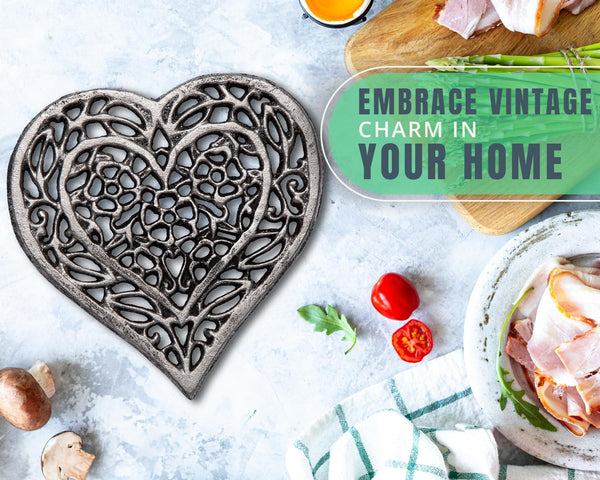 Cast Iron “Heart” Trivet with Rustic Finish and Rubber Pegs
