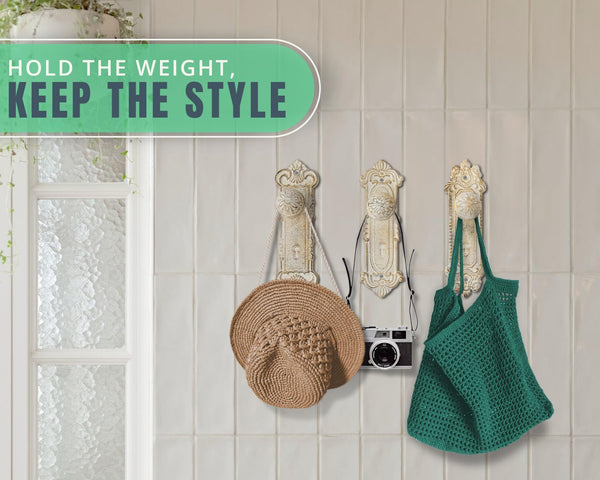 Set of 3 Shabby Chic Cast Iron Wall Hooks – Rustic White "Door Knob" Design – Vintage Decorative Coat Hooks with Screws & Anchors Included