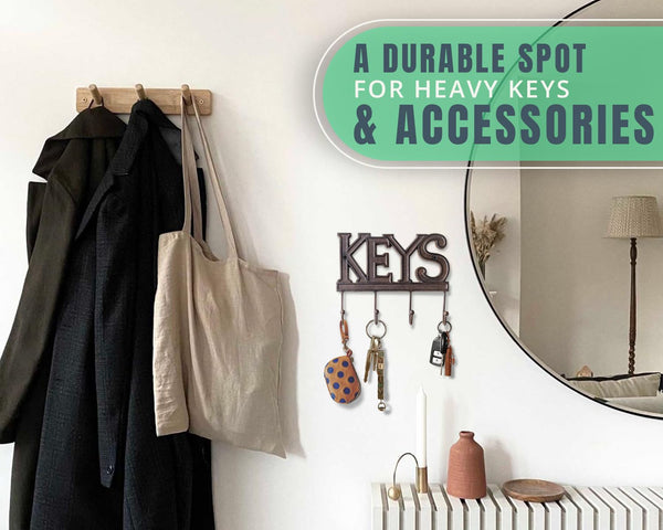 Rustic Farmhouse Wall Key Holder – Vintage Cast Iron Key Rack with 4 Hooks – Decorative Wall Mount Organizer with Screws & Anchors – 6x8” (Brown)