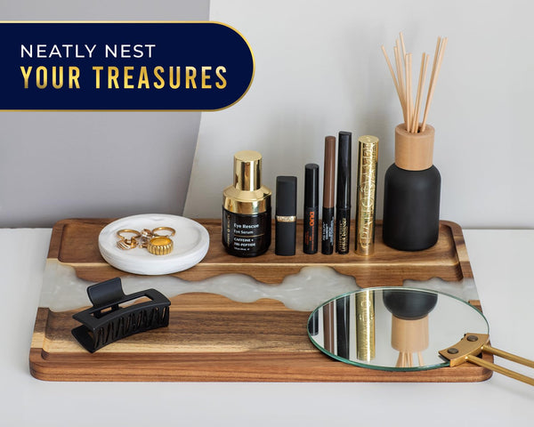 Modern 12x16 Pearl White Resin & Acacia Wood Serving Tray – Stylish Tray for Food, Breakfast in Bed, Coffee Table, Décor & More