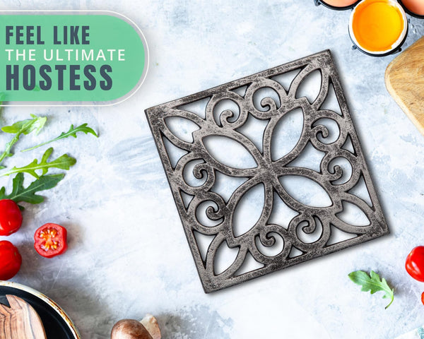 Cast Iron Trivet with Vintage Pattern and Rubber Pegs