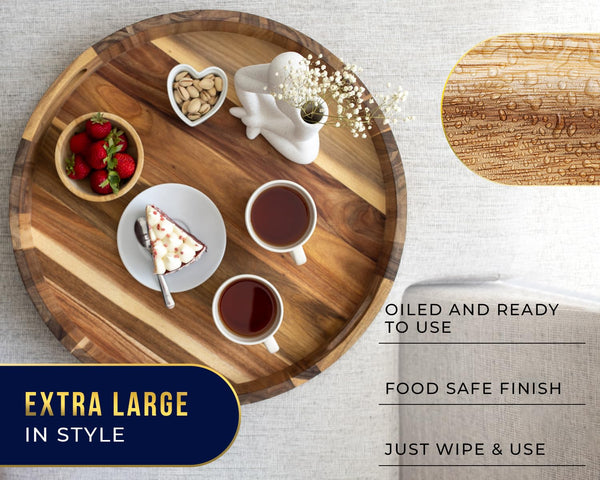 Modern 22" Acacia Wood Round Serving Tray – Oil Finish for Food, Breakfast in Bed, Coffee Table, Snacks, Decor & More