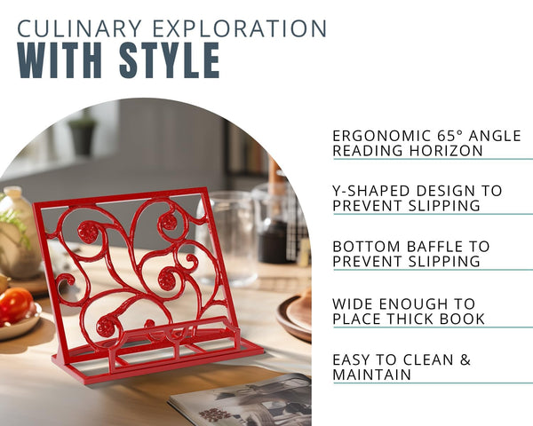 Comfify Decorative Ornament Cast Iron Cook Book Stand - Elegant Cookbook Holder for Kitchen - Adjustable, Durable Decorative Metal Recipe Holder, Bookstand