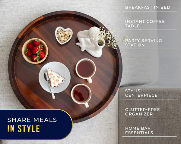 Comfify 22" Dark Brown Acacia Wood Round Serving Tray – Modern Multi-Purpose Tray for Food, Patio, and Home Organization
