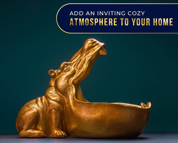Funky Hippo Resin Bowl – Decorative Golden Hippopotamus Figurine for Snacks, Keys & Trinkets – Playful Modern Home Accent