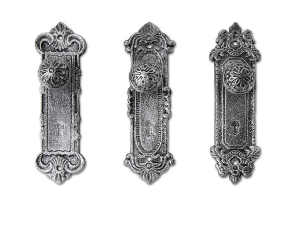 Set of 3 Shabby Chic Cast Iron Wall Hooks – Silver & Black "Door Knob" Coat Hooks with Screws & Anchors – front view – Comfify