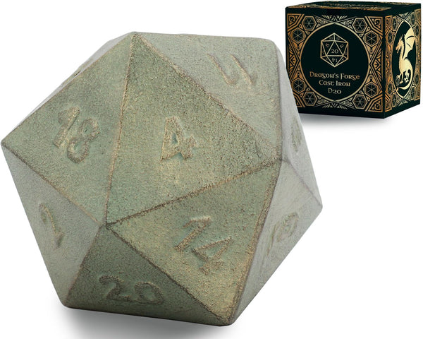 Verdigris Cast Iron D20 Dice – Large, Heavy 20-Sided Metal Die for DND & RPG | Gift-Ready Display, Paperweight & Collector’s Relic