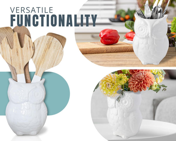 Owl Utensil Holder Decorative Ceramic Cookware Crock & Organizer, in Lovely White Color - Utensil Shaped Caddy and Perfect Kitchen Ceramic Decor Gift for Countertop - 5” x 7” x 4” Size – side angle – Comfify