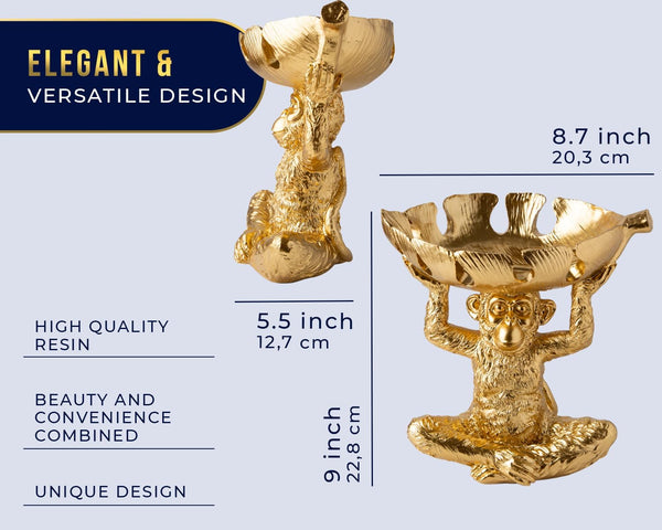 Adorable Monkey Resin Bowl with Split Leaf Dish – Detailed Sculpture for Snacks, Nuts, Candies & More – Modern Gold Finish Decor for Keys & Jewelry
