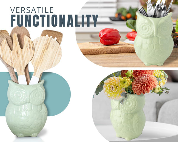 Owl Utensil Holder Decorative Ceramic Cookware Crock & Organizer, in Lovely Green Color - Utensil Caddy and Perfect Kitchen Ceramic Decor Gift - 5” x 7” x 4” Size – detail close-up – Comfify