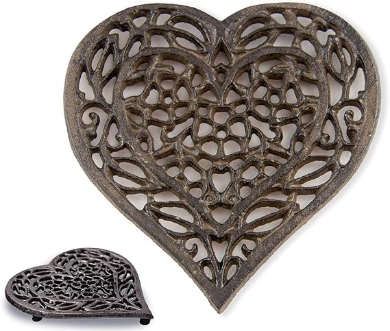 Cast Iron “Heart” Trivet with Rustic Finish and Rubber Pegs